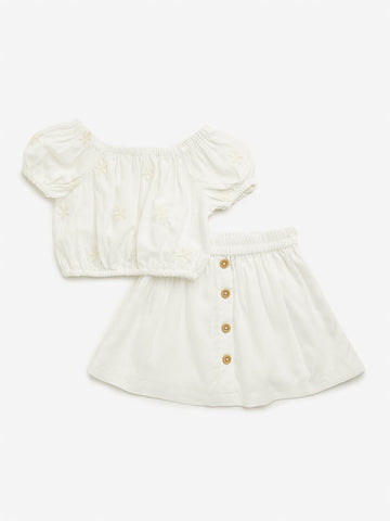 HOP Kids White Floral Top & Mid Rise Skirt Set