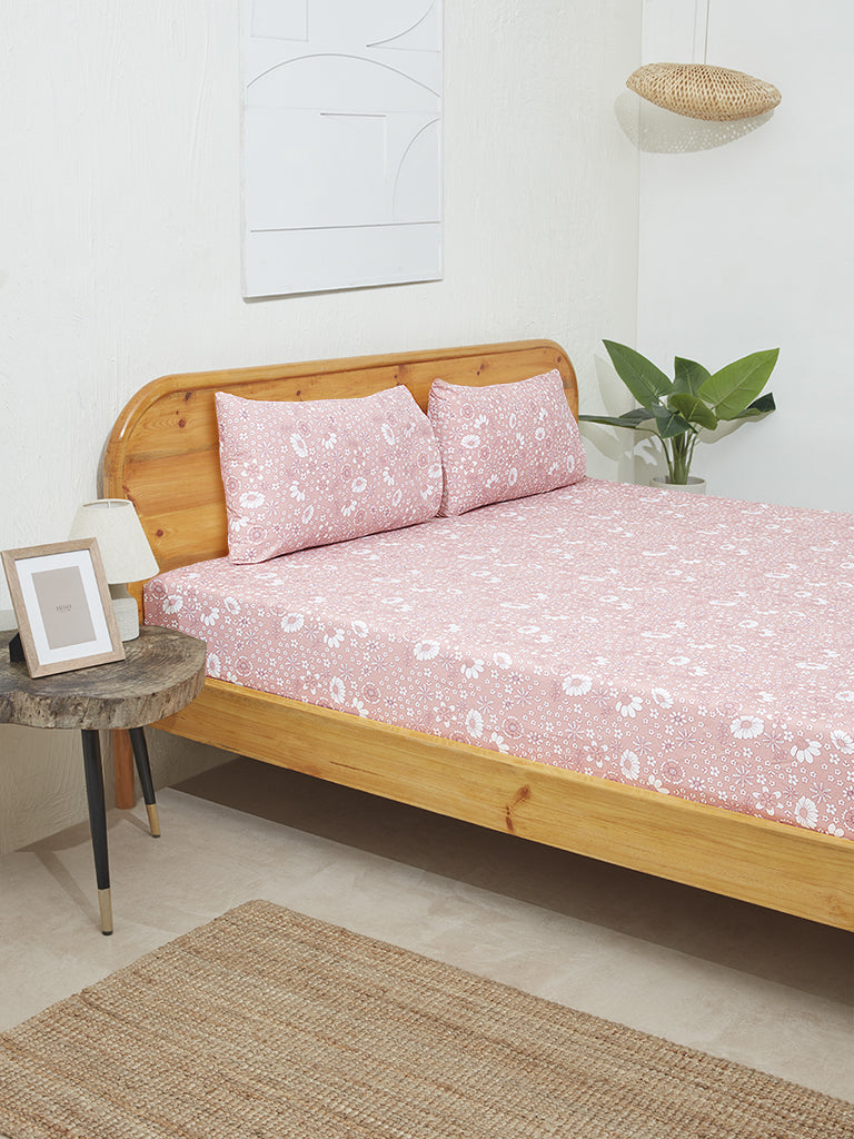 Westside Home Pink Floral Design King Bed Fitted Sheet with Pillowcase Set