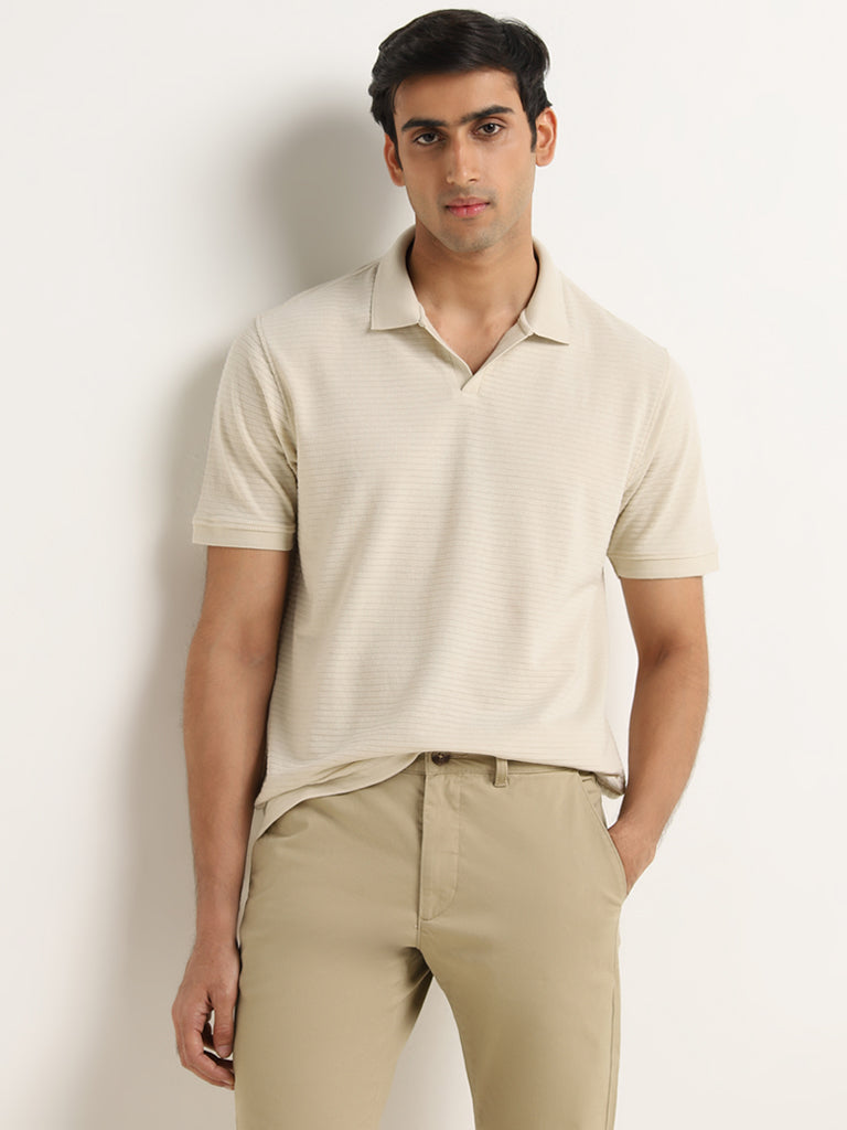 WES Casuals Beige Textured Cotton Blend Relaxed Fit T-Shirt