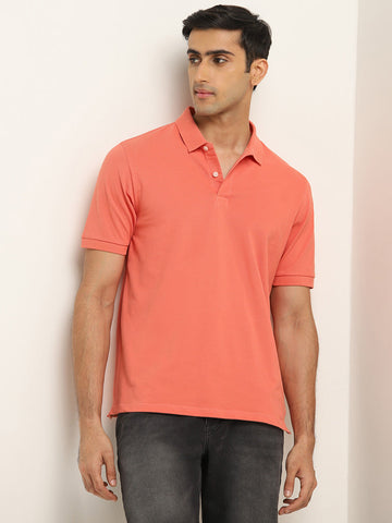 WES Casuals Coral Solid Relaxed Fit Polo T-Shirt