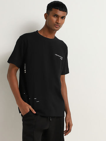 Studiofit Black Text Embossed Relaxed Fit T-Shirt