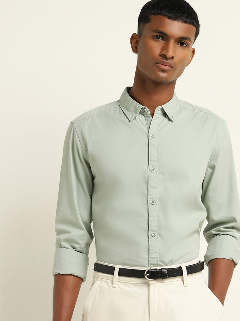 Nuon Sage Solid Slim-Fit Cotton Shirt