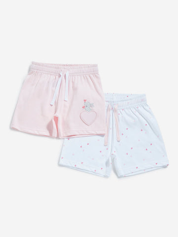 HOP Baby White & Light Pink Mid Rise Shorts - Pack of 2