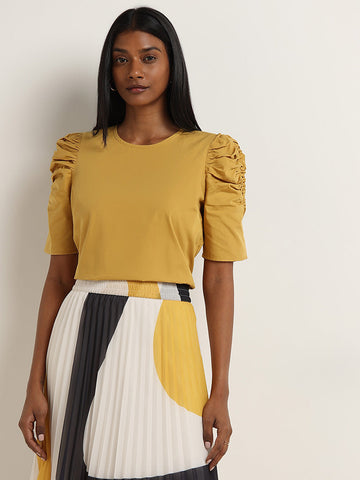 Wardrobe Mustard Ruched Cotton Top