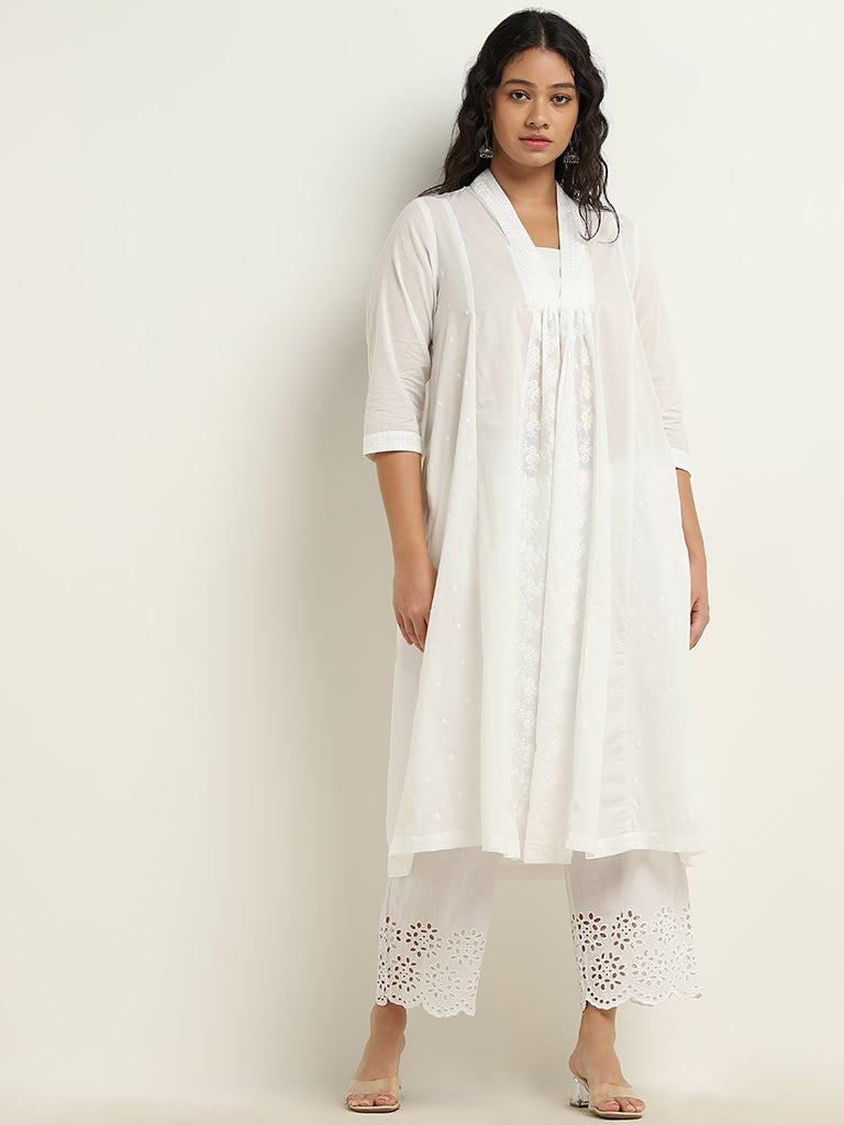 Diza White A-Line Embroidered Cotton Kurta