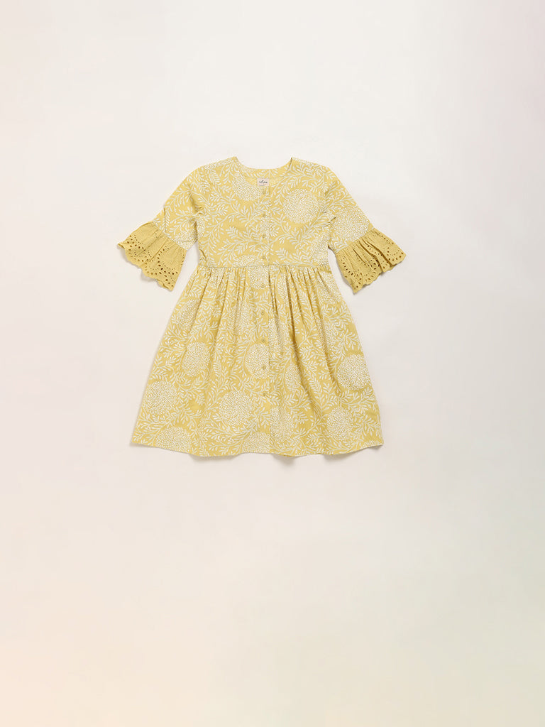 Utsa Kids Mustard Floral Design A-Line Cotton Dress (2 - 8yrs)