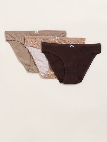 Wunderlove Light Taupe Printed Bikini Briefs - Pack of 3