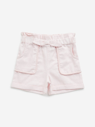 HOP Kids Light Pink Paperbag-Waist Mid-Rise Cotton Shorts