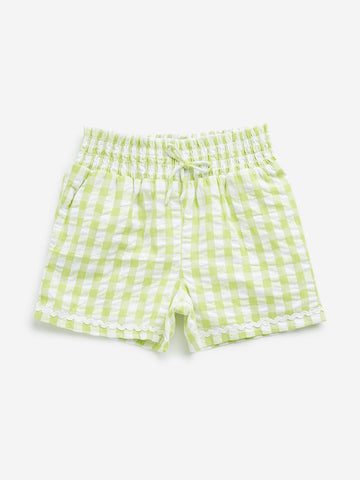 HOP Kids Lime Checkered Design Mid-Rise Cotton Shorts