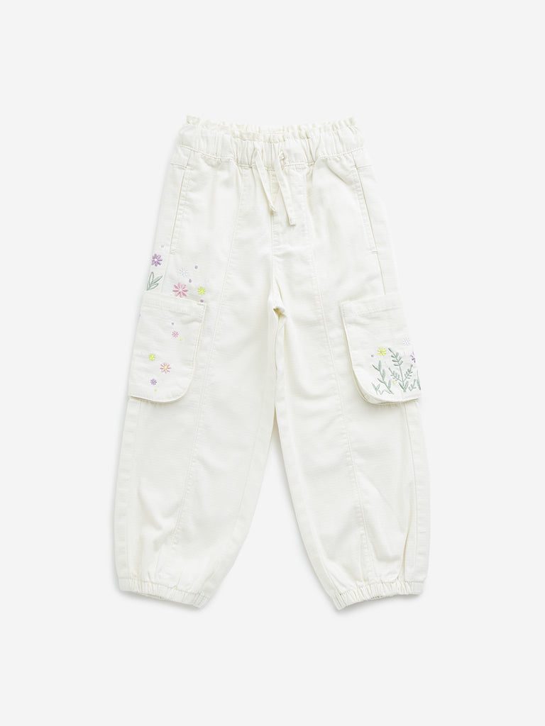 HOP Kids Off-White Floral Embroidered Mid-Rise Joggers