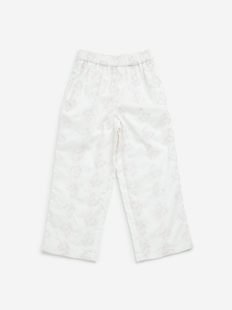 HOP Kids White Butterfly Schiffli Mid-Rise Cotton Pants