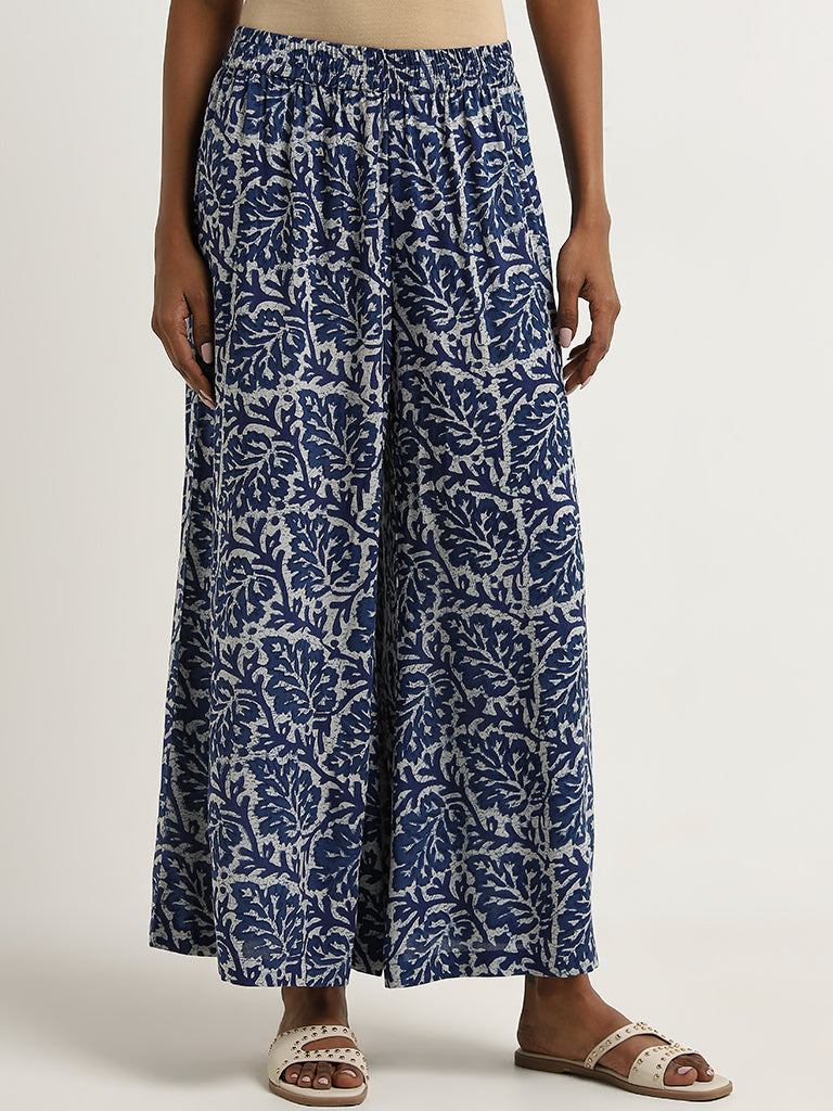 Utsa Blue Leaf Printed High-Rise Palazzos