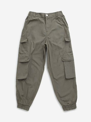 Y&F Kids Olive High-Rise Cargo-Style Cotton Joggers