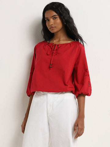 LOV Red Schiffli Design Blouse