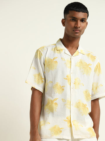 ETA Yellow Floral Printed Relaxed-Fit Cotton Shirt