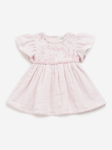 HOP Baby Pink Floral Embroidered A-Line Cotton Dress