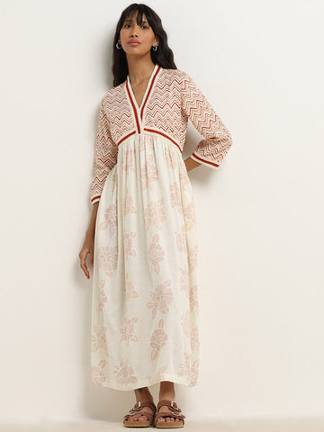 Bombay Paisley Off-White Floral Design Empire-Line Dress