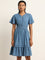 LOV Blue Solid Cotton Blend Tiered Short Dress