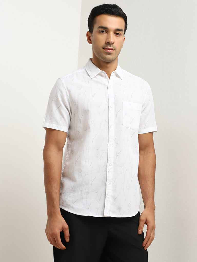 WES Casuals White Leaf Print Blended Linen Slim-Fit Shirt