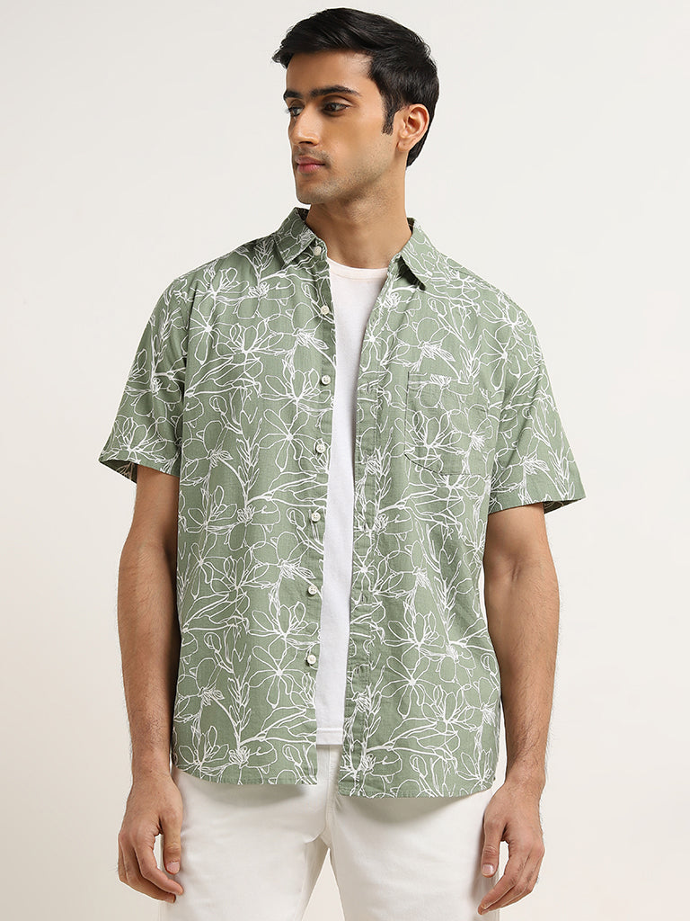 WES Casuals Sage Floral Printed Slim-Fit Cotton Shirt