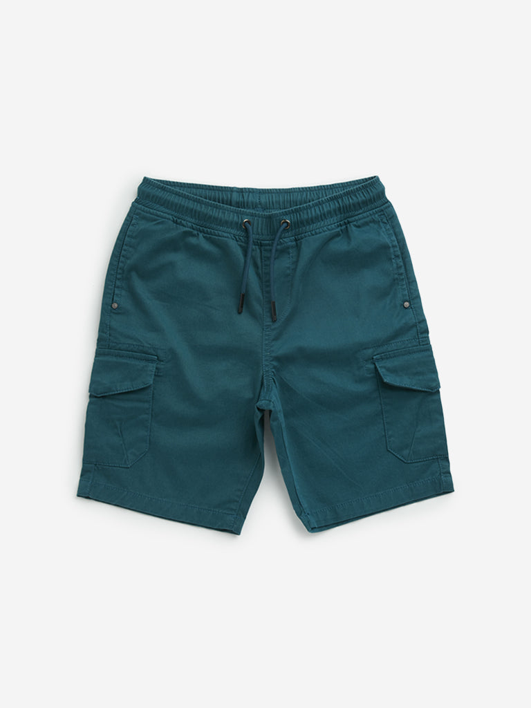 HOP Kids Teal Mid-Rise Cargo Cotton Blend Shorts