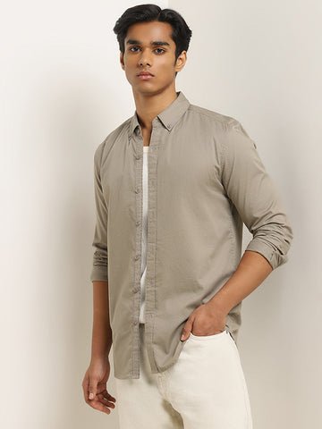 Nuon Dusty Olive Solid Slim-Fit Cotton Shirt