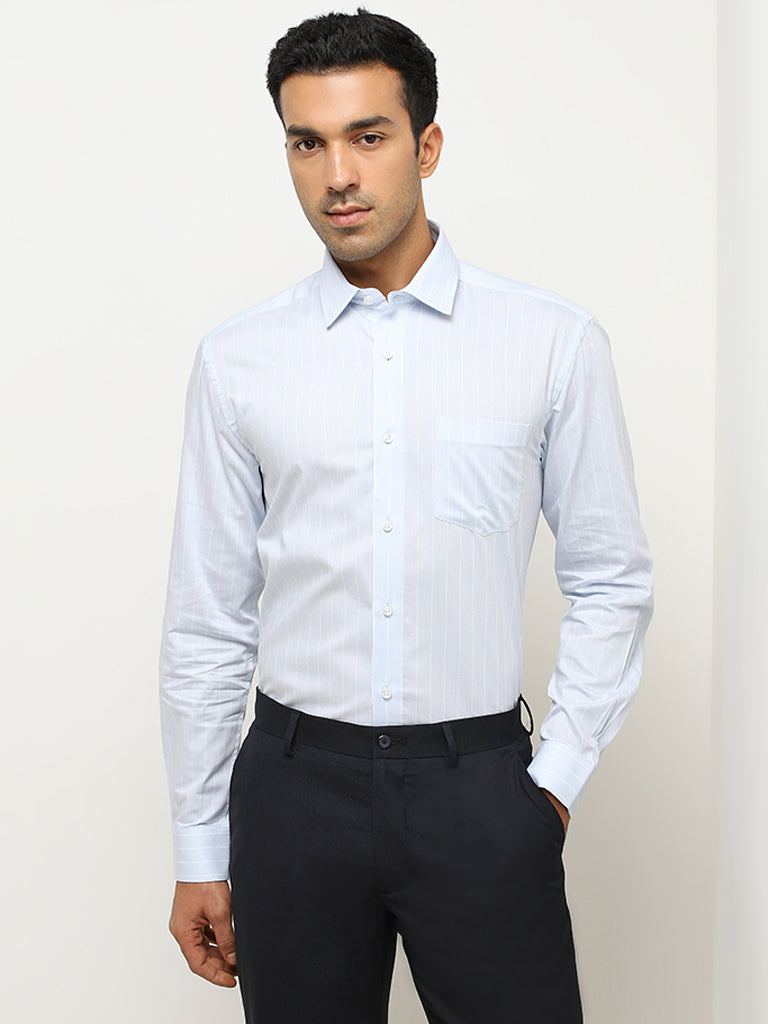 WES Formals Light Blue Pinstripe Relaxed-Fit Cotton Shirt