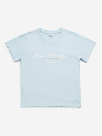 Y&F Kids Light Blue Text Embossed Cotton T-Shirt