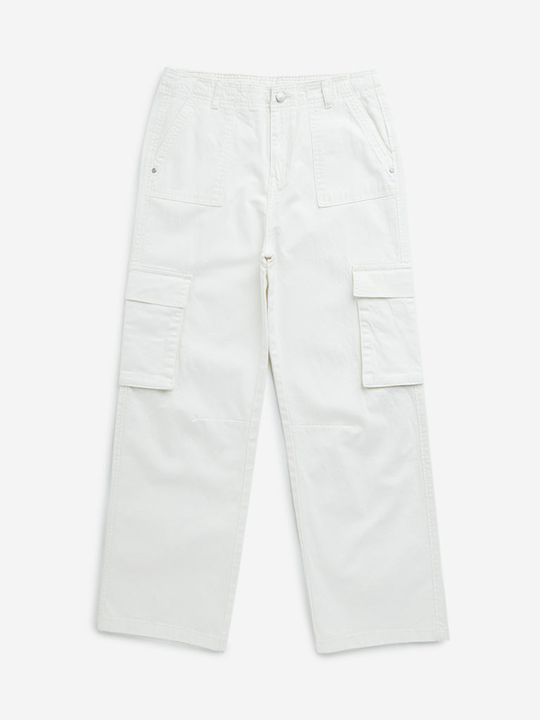 Y&F Kids Off-White Cargo-Style Mid-Rise Trousers