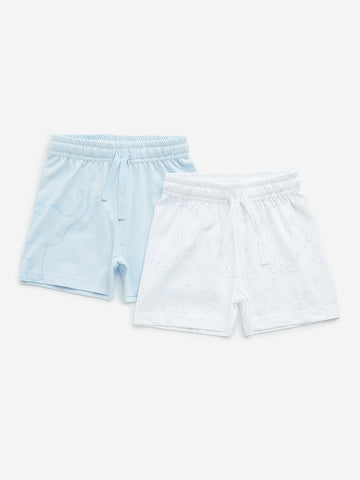 HOP Baby Light Blue Elephant Design Mid-Rise Cotton Shorts - Pack of 2