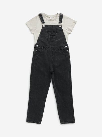 Y&F Kids Black Denim Dungaree with T-Shirt Set