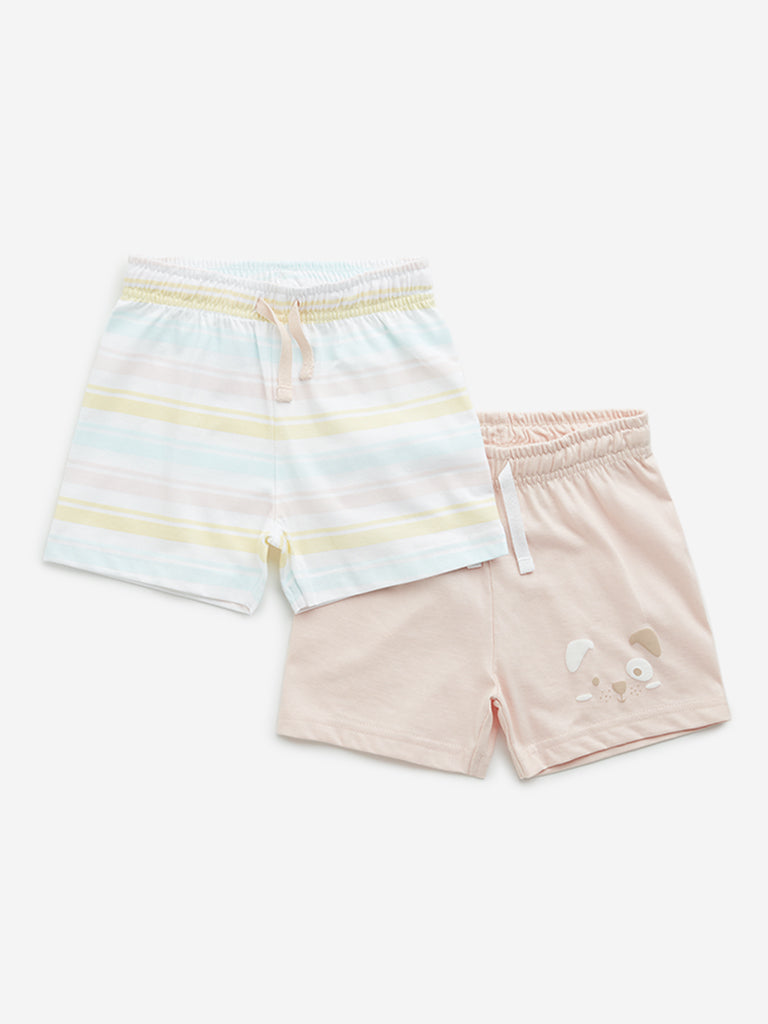 HOP Baby Peach Printed Mid-Rise Cotton Shorts - Pack of 2