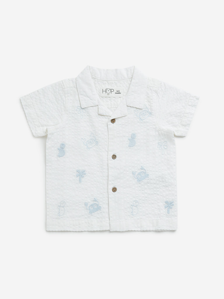 HOP Baby White Embroidered Popcorn-Textured Cotton Shirt