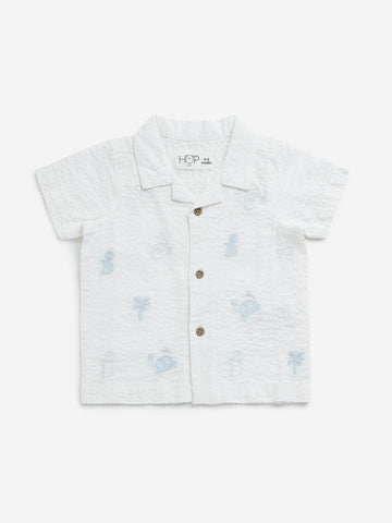 HOP Baby White Embroidered Popcorn-Textured Cotton Shirt