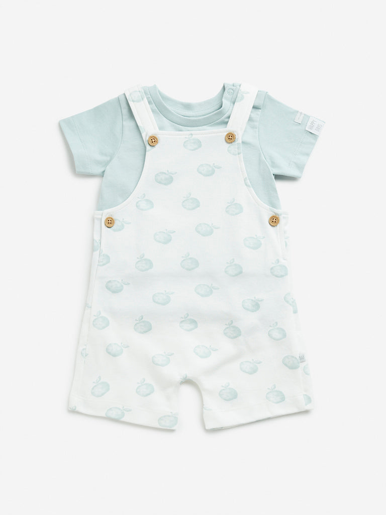 HOP Baby White Printed Cotton Dungaree with T-Shirt Set