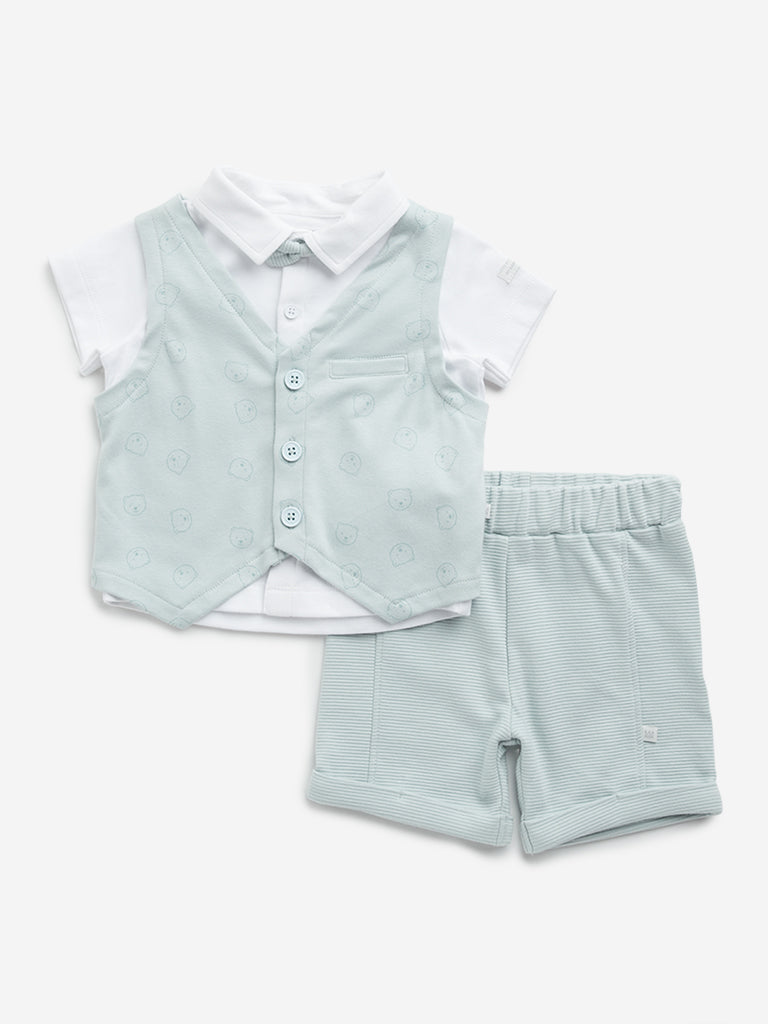 HOP Baby Teal Print Cotton Waistcoat, Shirt, Shorts & Bow Set