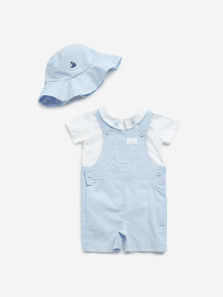 HOP Baby Blue Dungarees with Cotton T-Shirt and Bucket Hat Set