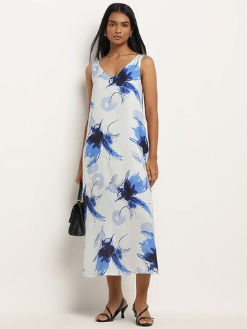 Wardrobe Ivory & Navy Abstract Printed Straight Dress