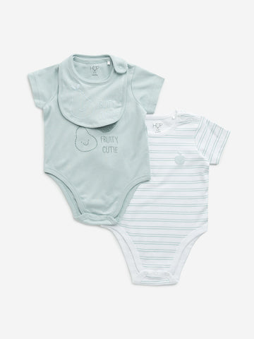 HOP Baby Teal Printed Cotton Rompers with Bib - Pack of 2