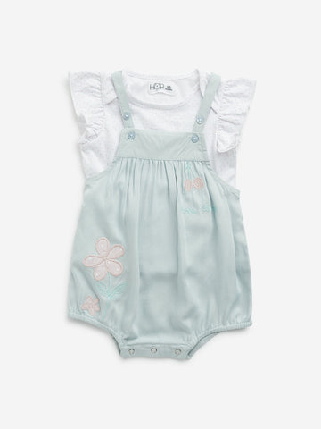 HOP Baby Mint Floral Embroidered Dungaree with Top Set