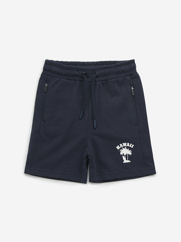 HOP Kids Navy Text Design Mid-Rise Cotton Shorts