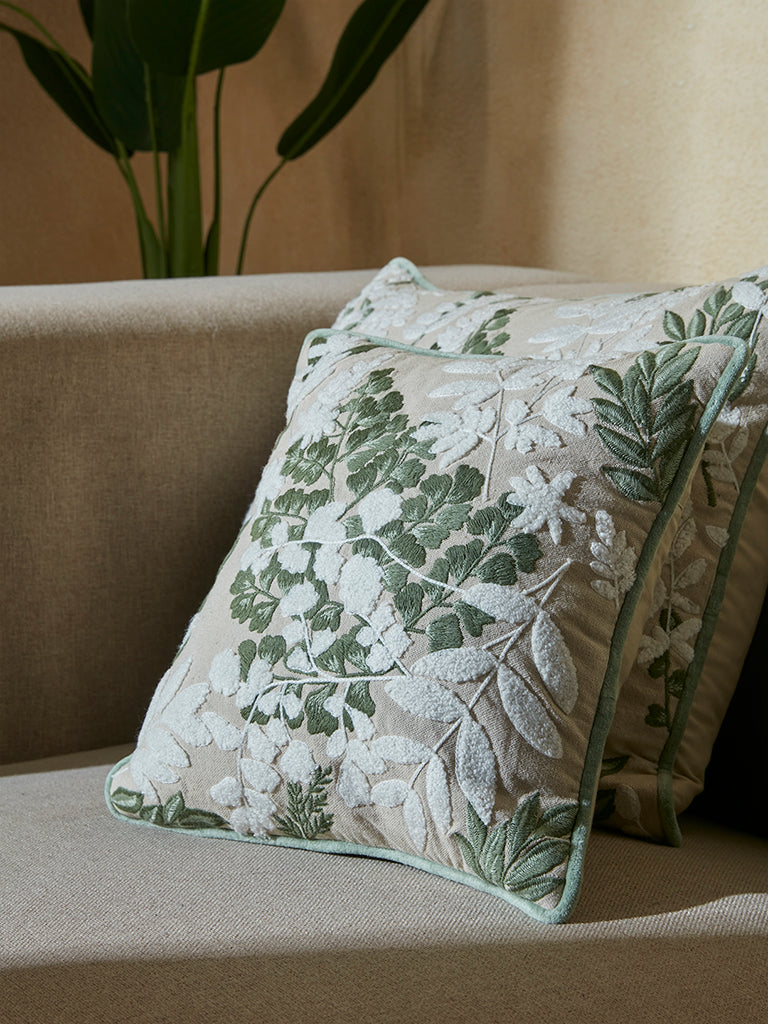 Westside Home Green Floral Embroidered Cushion Cover