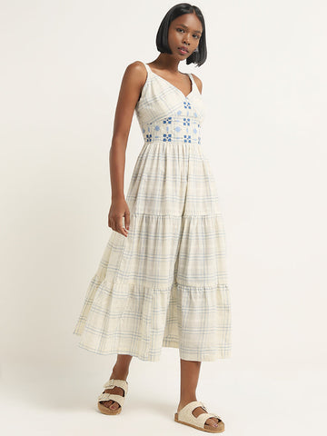 Bombay Paisley Ivory Checkered Design Tiered Cotton Dress