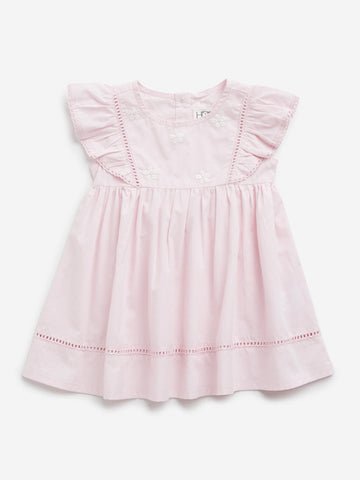 HOP Baby Light Pink Floral Embroidered A-Line Cotton Dress