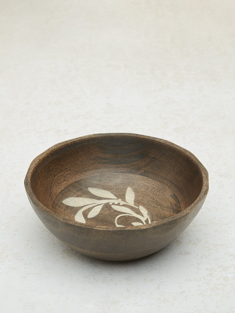 Westside Home Dark Brown Leaf Etched Design Wooden Bowl - Medium