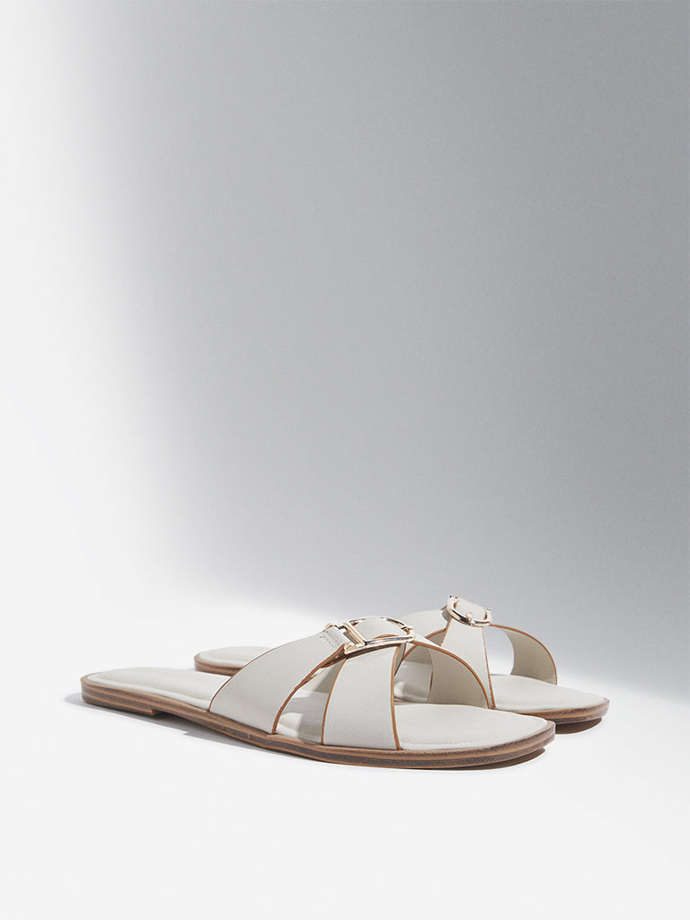 LUNA BLU Ivory Cross Strap Buckle Slides