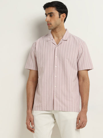 WES Casuals Dusty Pink Striped Relaxed-Fit Cotton Shirt