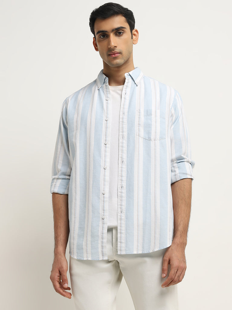 WES Casuals Light Blue Relaxed-Fit Cotton Blend Shirt