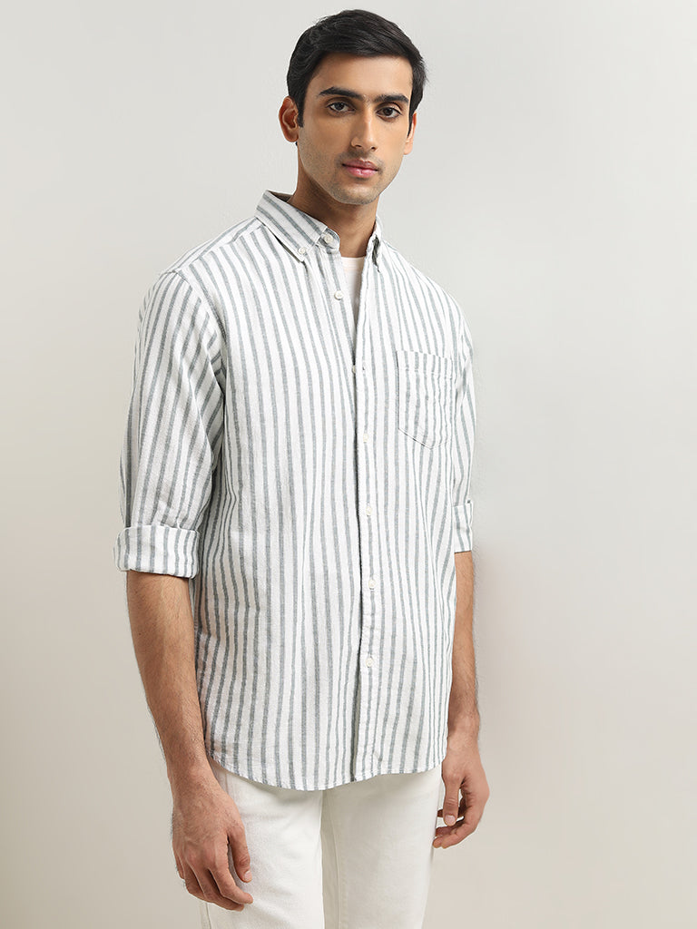 WES Casuals Sage Striped Relaxed-Fit Cotton Blend Shirt