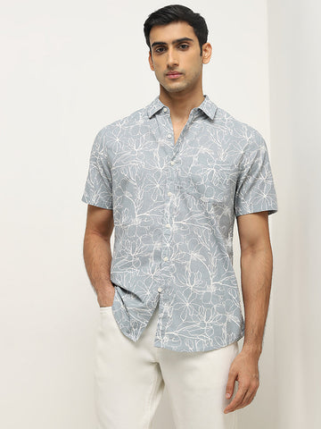 WES Casuals Dusty Blue Floral Pattern Slim-Fit Cotton Shirt